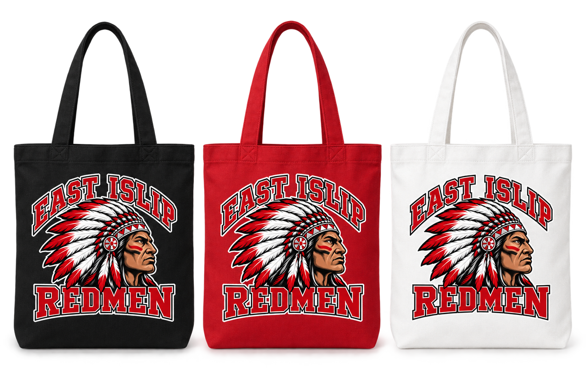 East Islip Redmen Classic Canvas Tote Bag shown in Black, Red and White