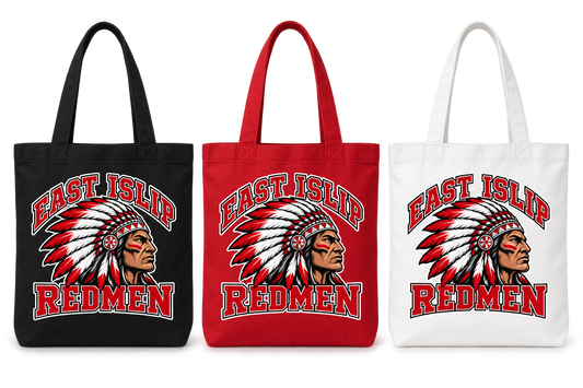East Islip Redmen Classic Canvas Tote Bag shown in Black, Red and White