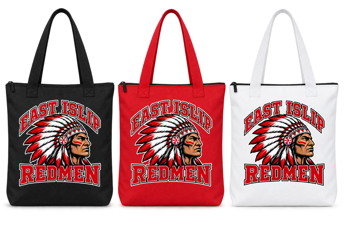 East Islip Redmen Classic Zippered Tote Bag shown in Black, Red and White