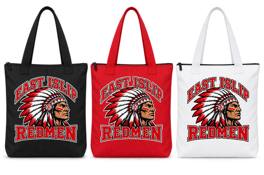 East Islip Redmen Classic Zippered Tote Bag shown in Black, Red and White