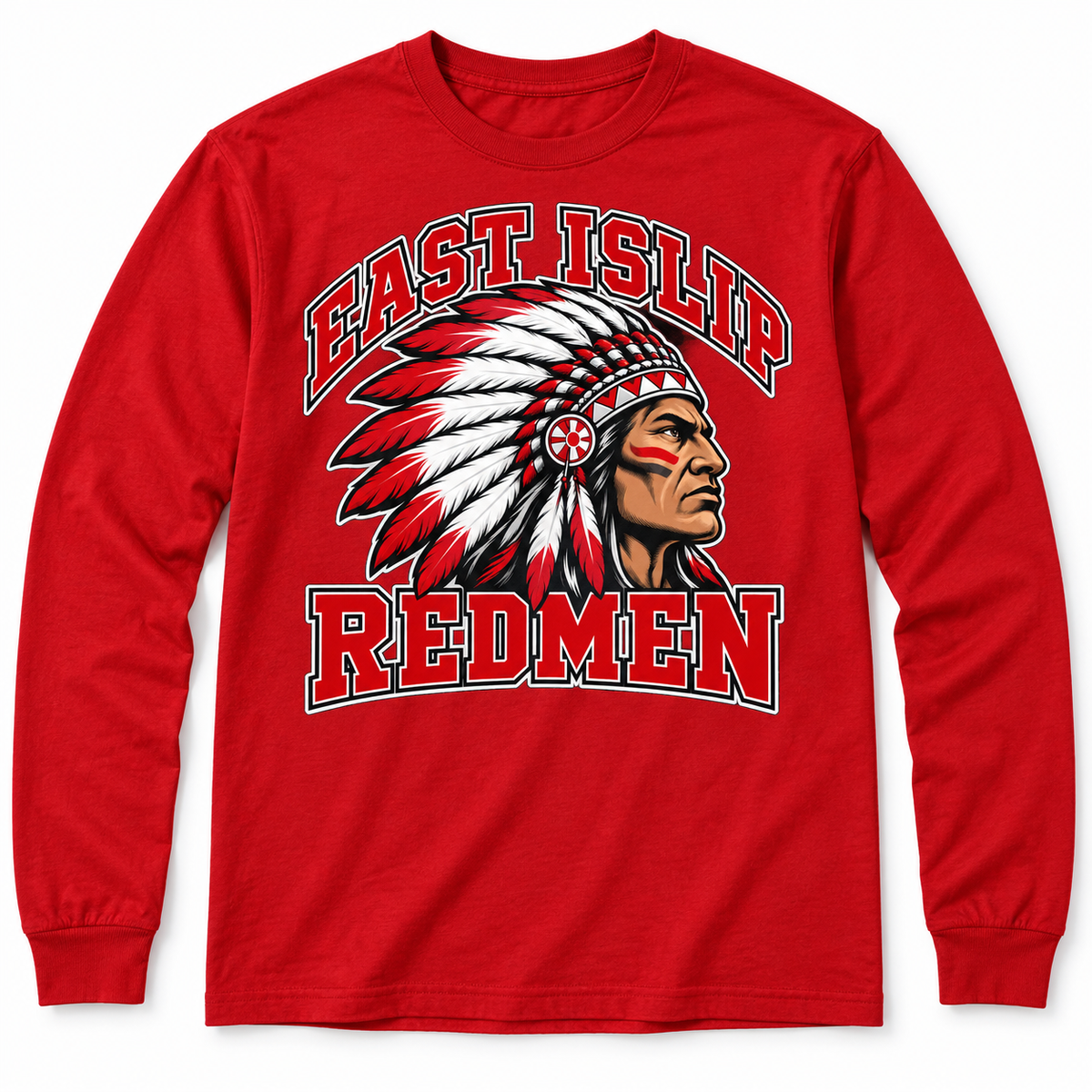 East Islip Redmen Classic Adult Long Sleeve Tee in Red; original mascot print