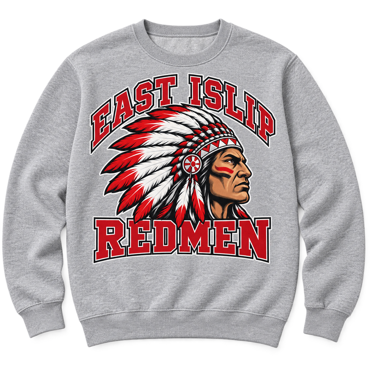 East Islip Redmen Classic Adult Crewneck Sweatshirt in Heather Gray; original mascot print
