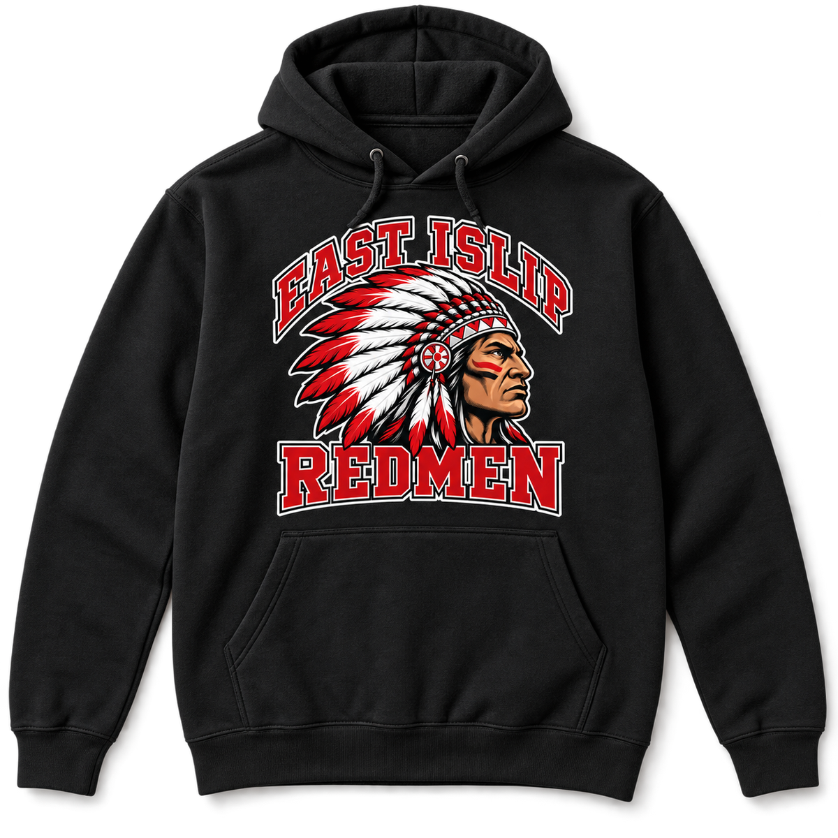 East Islip Redmen Classic Adult Pullover Hoodie in Black; original mascot print