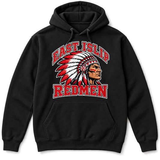 East Islip Redmen Classic Adult Pullover Hoodie in Black; original mascot print