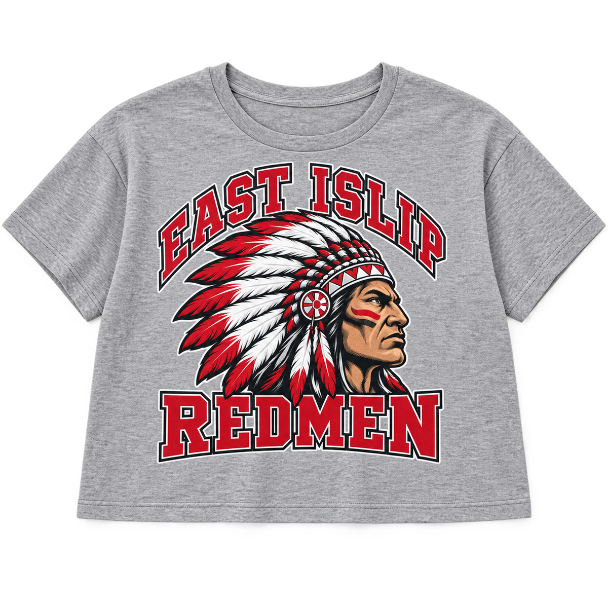 East Islip Redmen Classic Women’s Mascot Crop Tee in Heather Gray