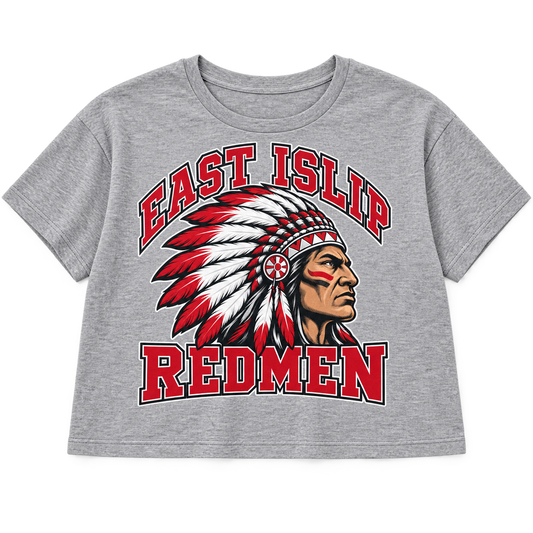 East Islip Redmen Classic Women’s Mascot Crop Tee in Heather Gray
