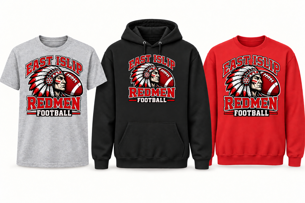 East Islip Redmen Football apparel with an American football, showing tee, hoodie and crewneck choices