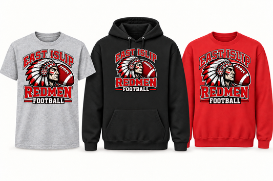 East Islip Redmen Football apparel with an American football, showing tee, hoodie and crewneck choices