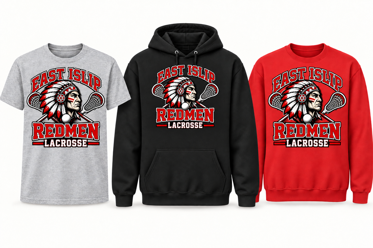 East Islip Redmen Lacrosse apparel with crossed lacrosse sticks and a ball, showing tee, hoodie and crewneck choices