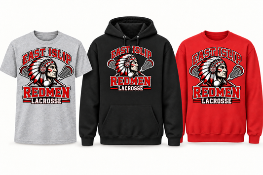 East Islip Redmen Lacrosse apparel with crossed lacrosse sticks and a ball, showing tee, hoodie and crewneck choices