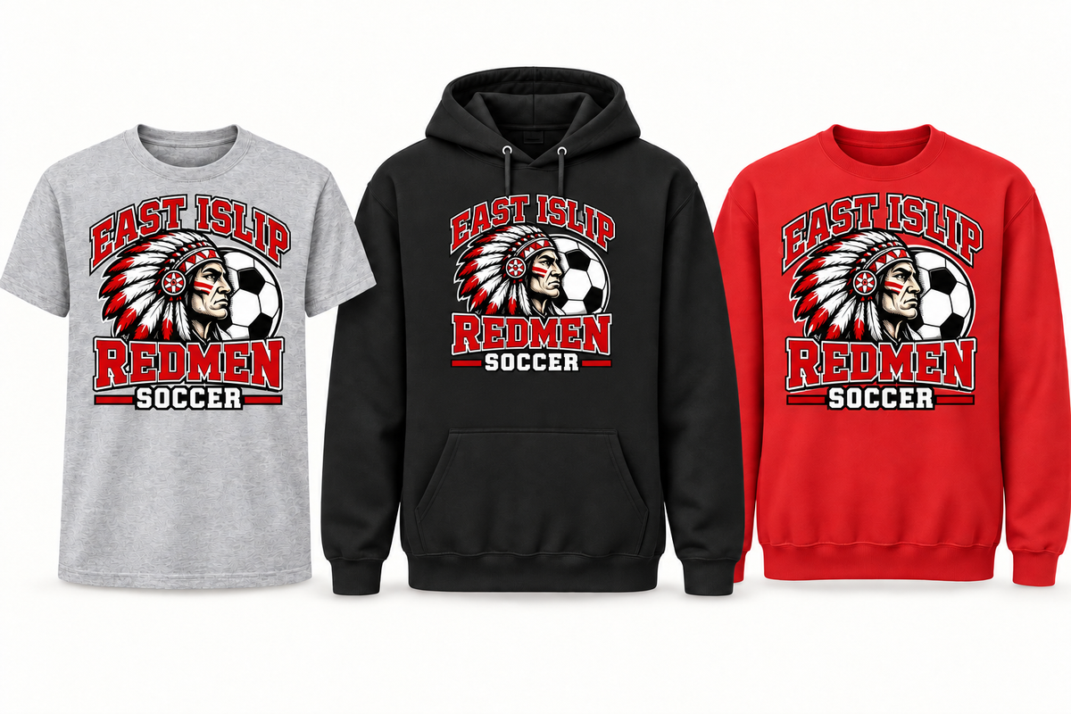 East Islip Redmen Soccer apparel with a soccer ball, showing tee, hoodie and crewneck choices