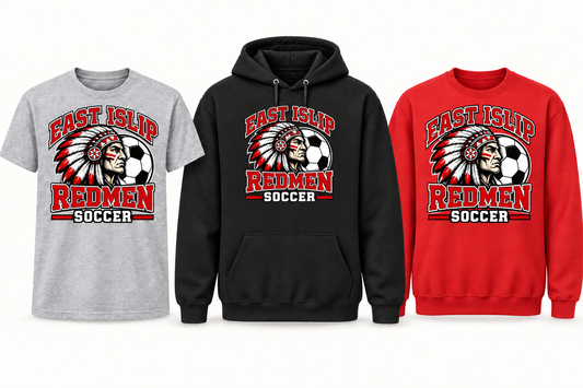 East Islip Redmen Soccer apparel with a soccer ball, showing tee, hoodie and crewneck choices
