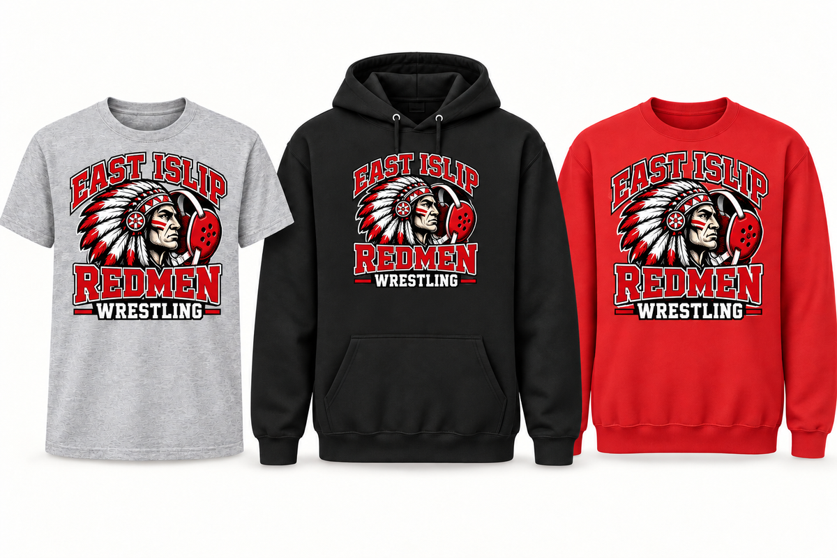 East Islip Redmen Wrestling apparel with wrestling headgear, showing tee, hoodie and crewneck choices