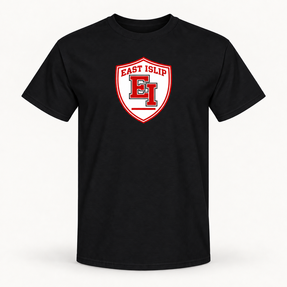 Black East Islip Signature Athletic Crest T-Shirt with red and white EI shield print, front view