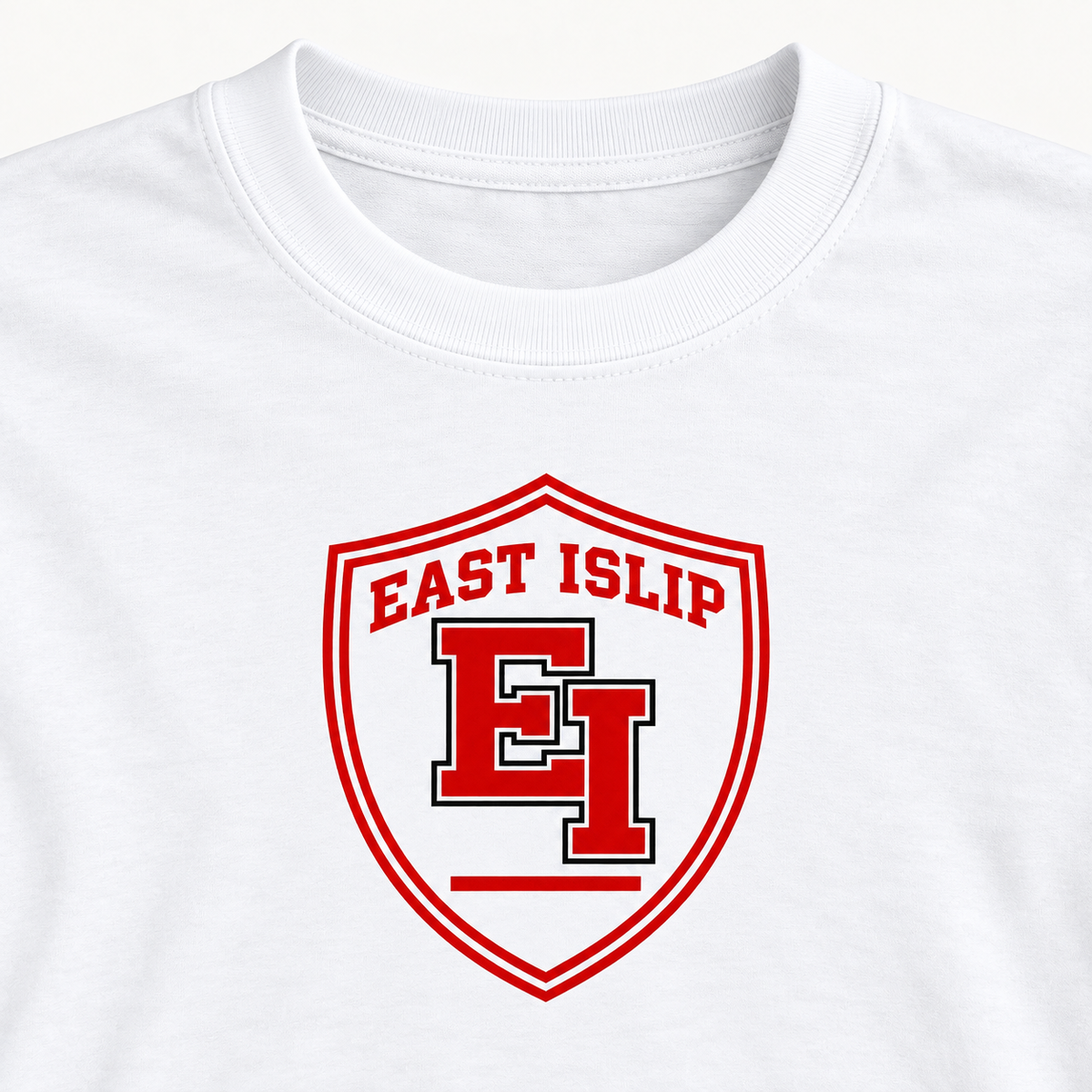 Close view of the East Islip EI shield chest print on the Signature Athletic Crest T-Shirt