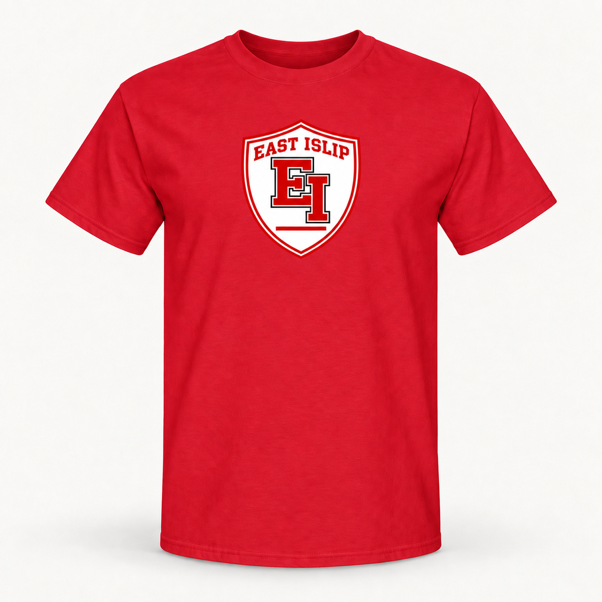 Red East Islip Signature Athletic Crest T-Shirt with EI shield print, front view