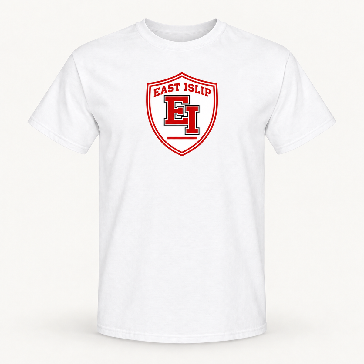 White East Islip Signature Athletic Crest T-Shirt with red and white EI shield print, front view