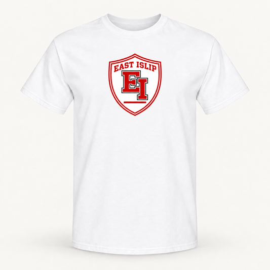 White East Islip Signature Athletic Crest T-Shirt with red and white EI shield print, front view