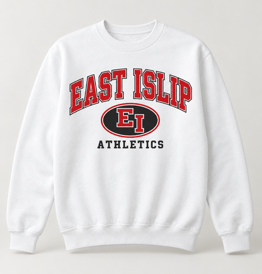 East Islip Stadium Crest Crewneck Sweatshirt in White — front view