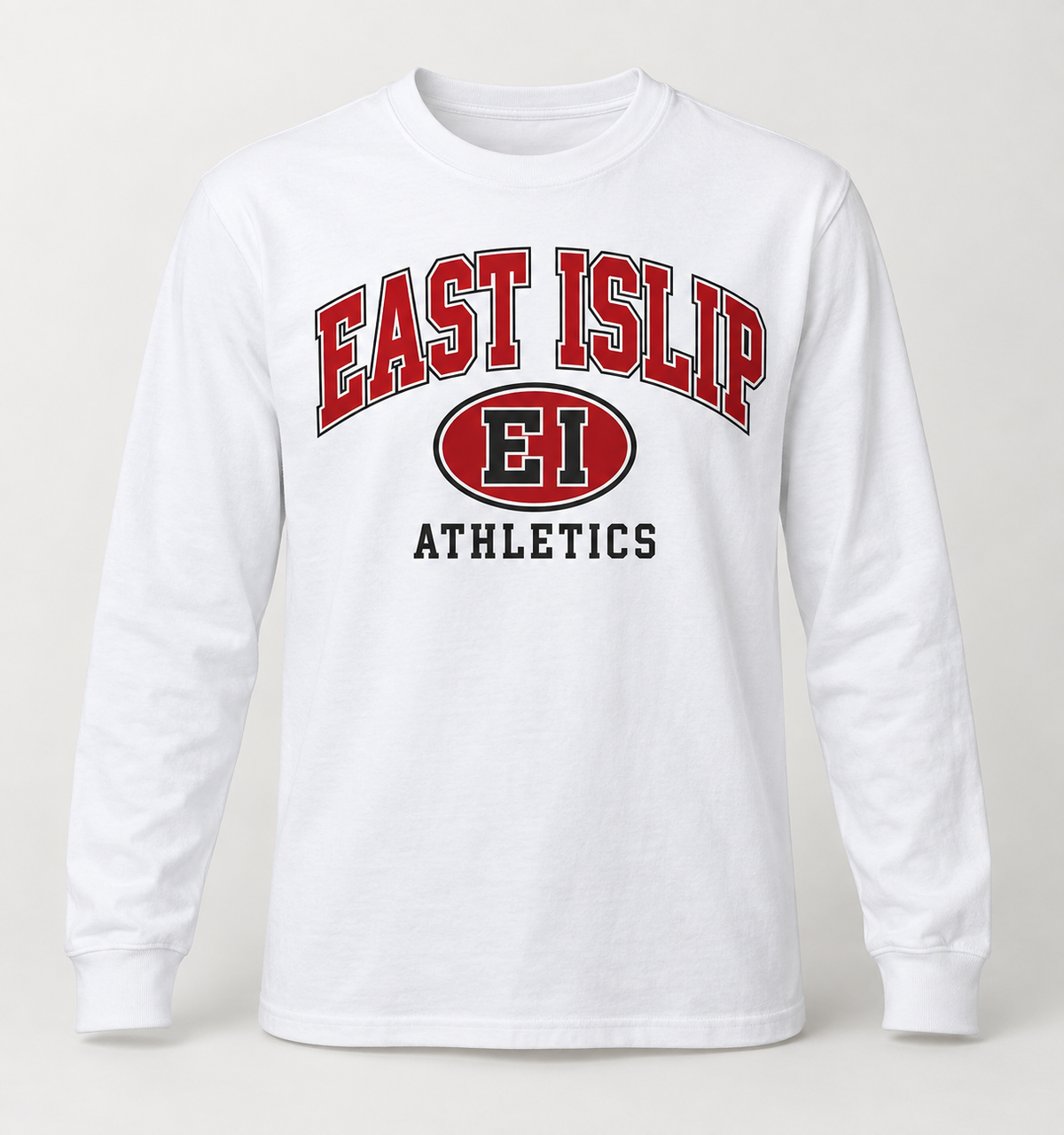 East Islip Stadium Crest Long Sleeve Tee in White — front view