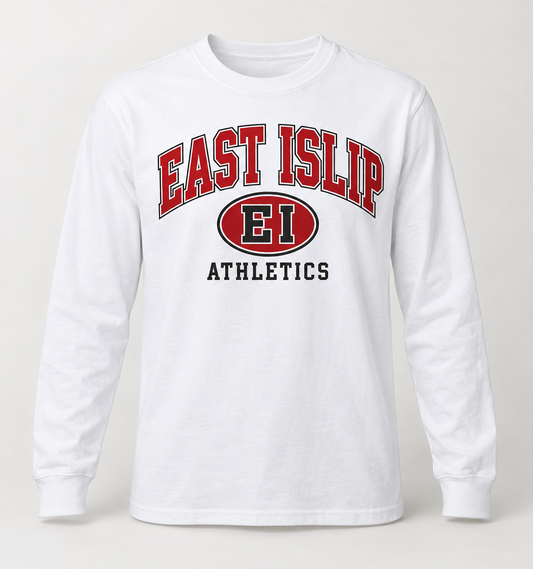 East Islip Stadium Crest Long Sleeve Tee in White — front view