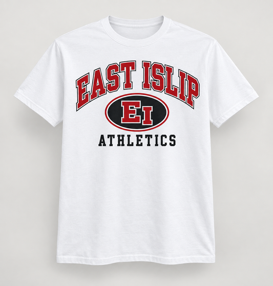 East Islip Stadium Crest Tee in White — front view