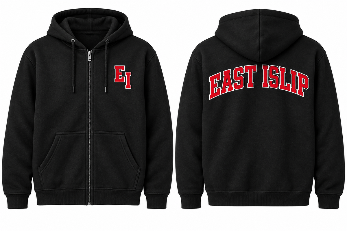 East Islip Varsity Zip-Up Hoodie — Black front and back