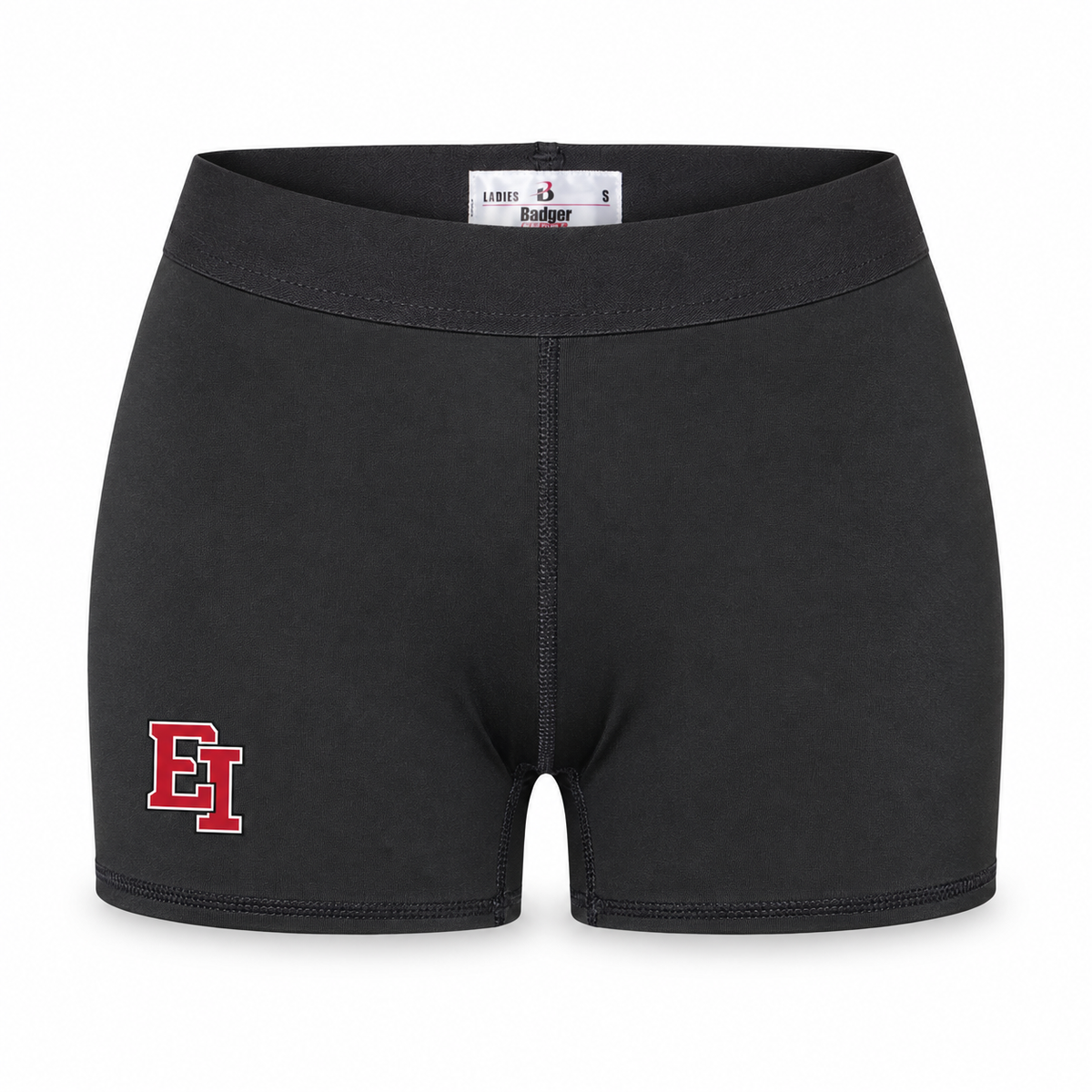 Adult women’s black fitted 3-inch training shorts with small EI print on wearer-right thigh