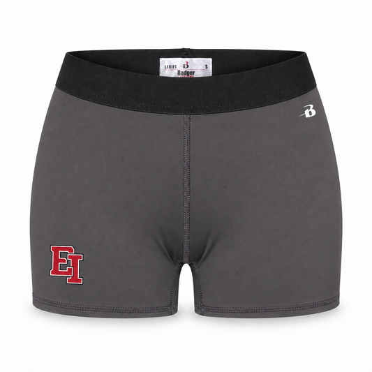 Adult women’s Graphite gray fitted 3-inch EI training shorts with black elastic waistband