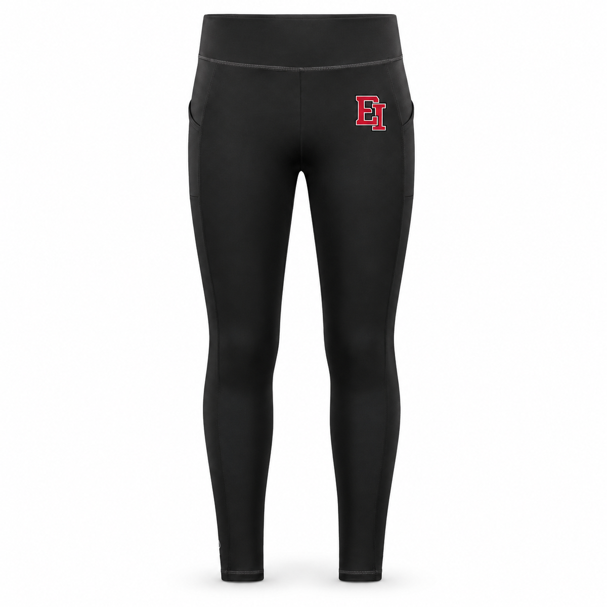 Adult women’s black high-waisted full-length leggings with small EI print on wearer-left thigh