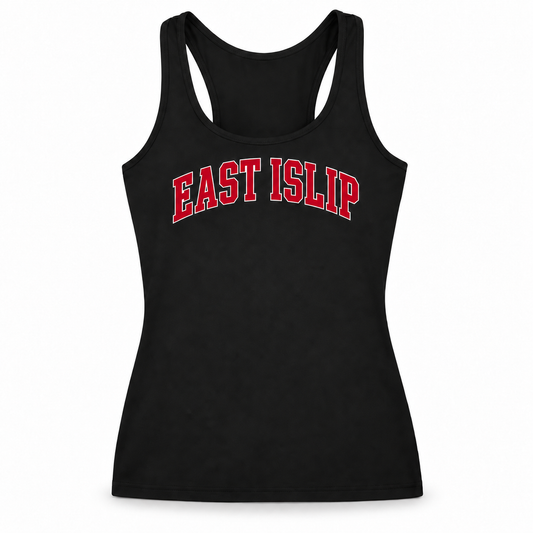 Adult women’s fitted black East Islip racerback workout tank with red collegiate chest print
