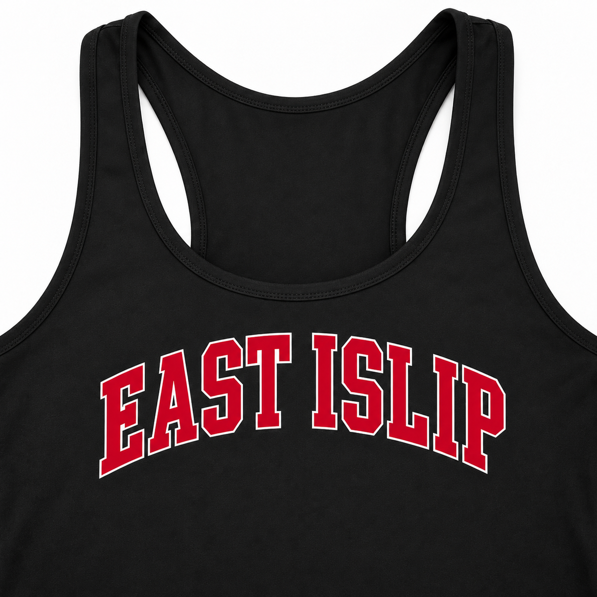 Close view of East Islip racerback tank printed chest, bound neckline and armholes