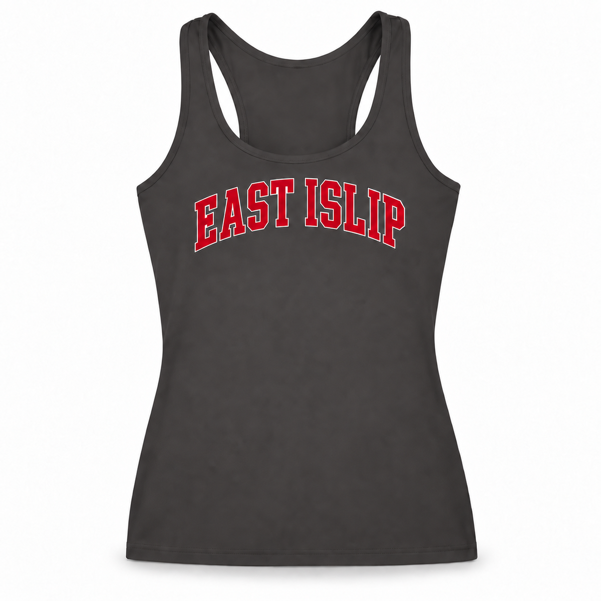 Adult women’s fitted Graphite gray East Islip racerback tank with red collegiate lettering
