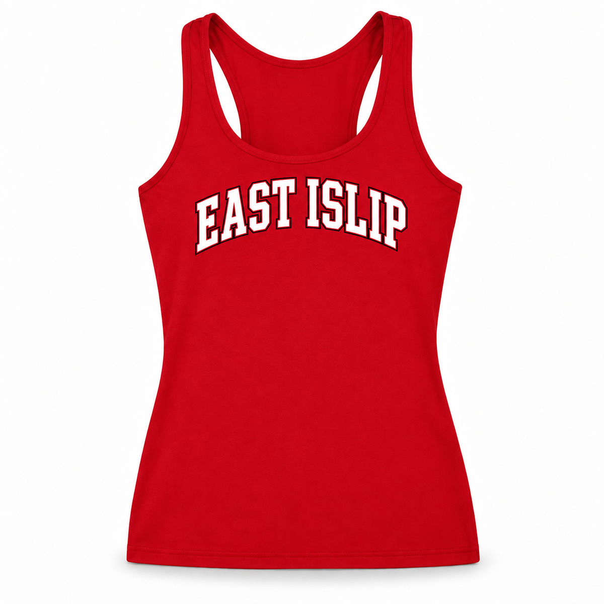 Adult women’s true red East Islip racerback workout tank with white collegiate lettering