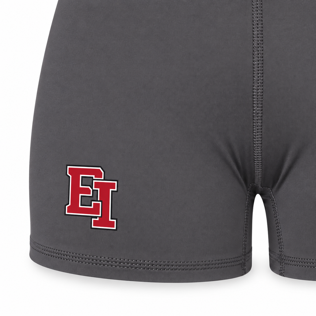 Close-up of flat EI print and stitched hem on adult women’s Graphite training shorts