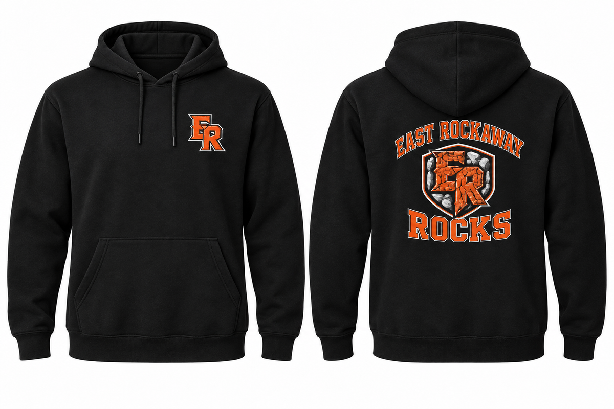 EAST ROCKAWAY ROCKS black hoodie front and back