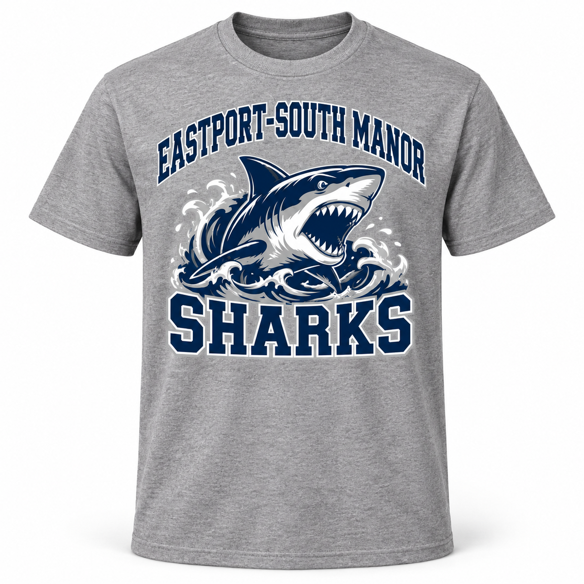 Eastport-South Manor Sharks Collegiate Tee in Heather Gray, front view