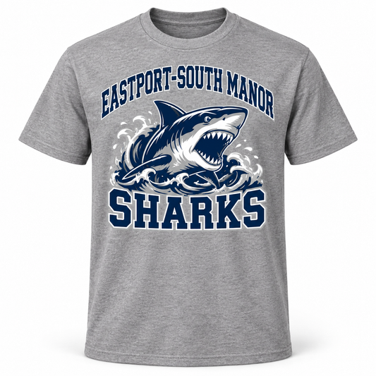 Eastport-South Manor Sharks Collegiate Tee in Heather Gray, front view