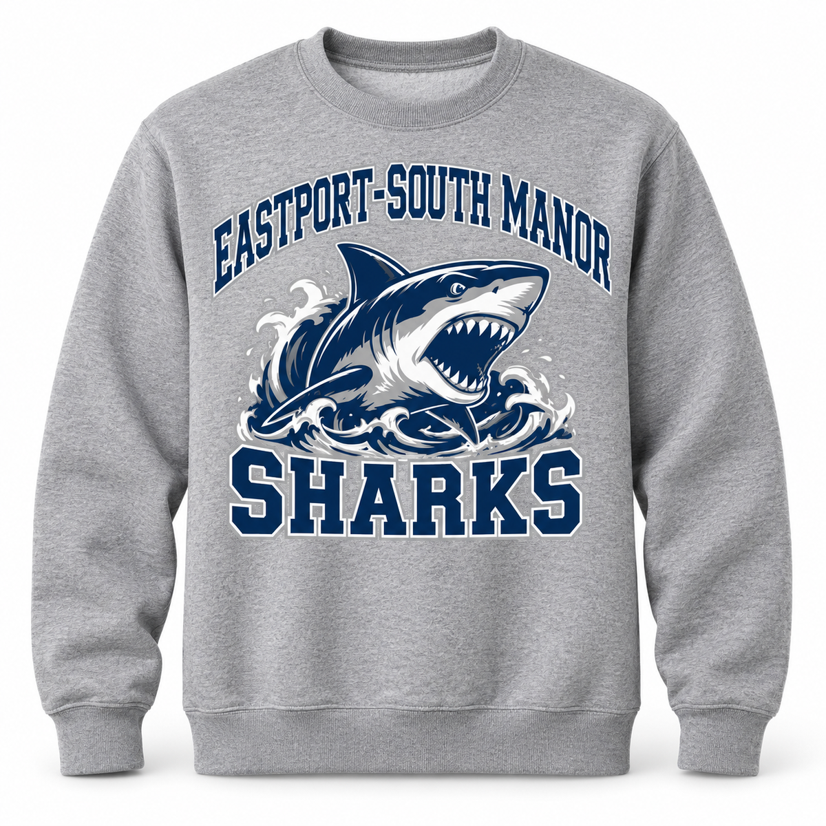 Eastport-South Manor Sharks Crest Crewneck Sweatshirt in Heather Gray, front view