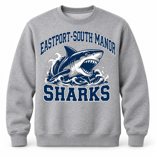 Eastport-South Manor Sharks Crest Crewneck Sweatshirt in Heather Gray, front view