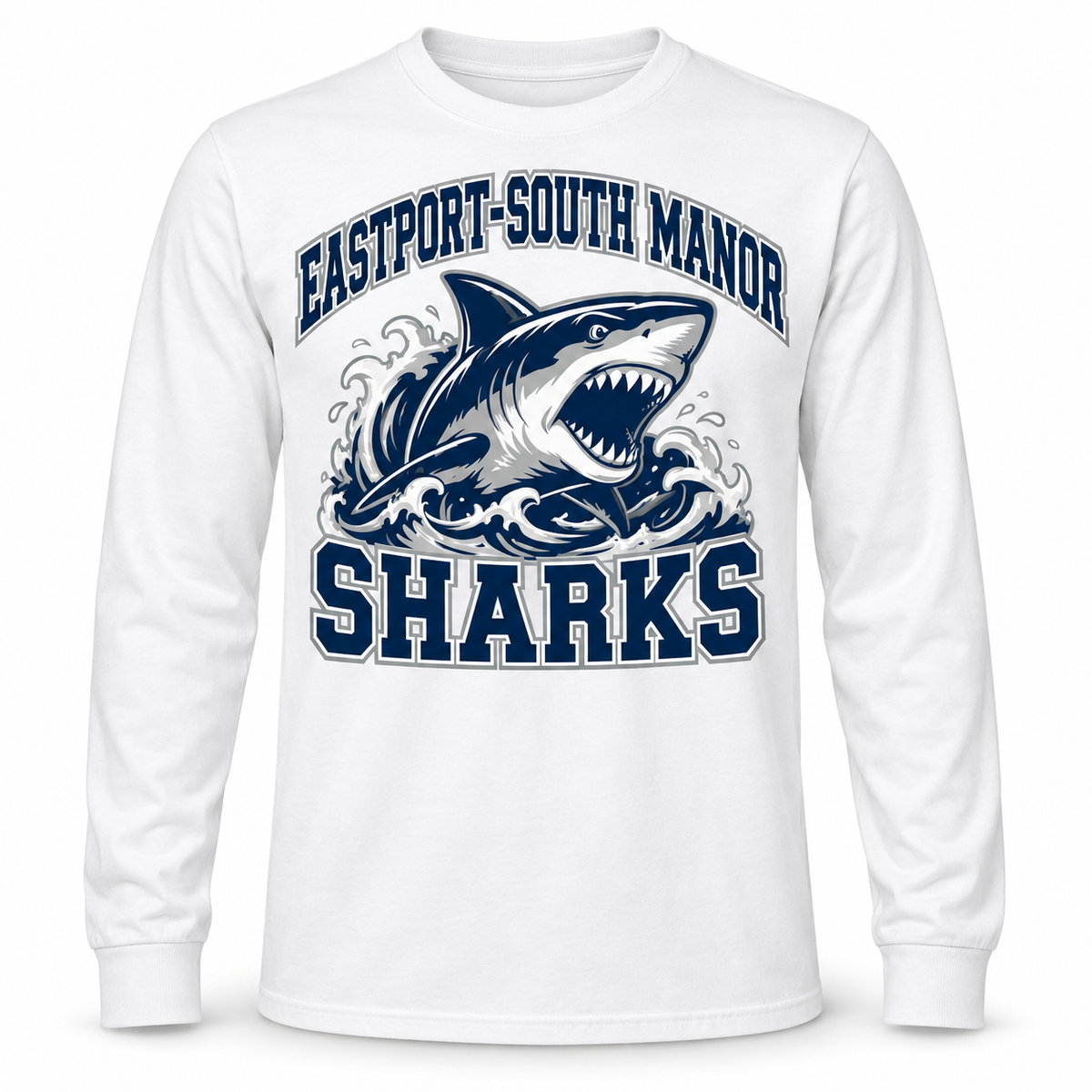 Eastport-South Manor Sharks Collegiate Long Sleeve Tee in White, front view