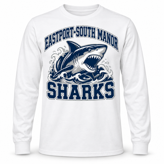 Eastport-South Manor Sharks Collegiate Long Sleeve Tee in White, front view