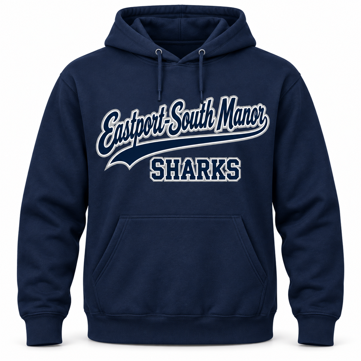 Eastport-South Manor Sharks Script Pullover Hoodie in Navy, front view