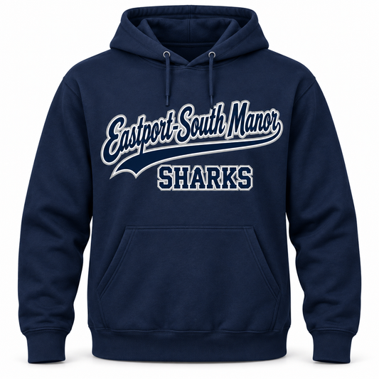 Eastport-South Manor Sharks Script Pullover Hoodie in Navy, front view