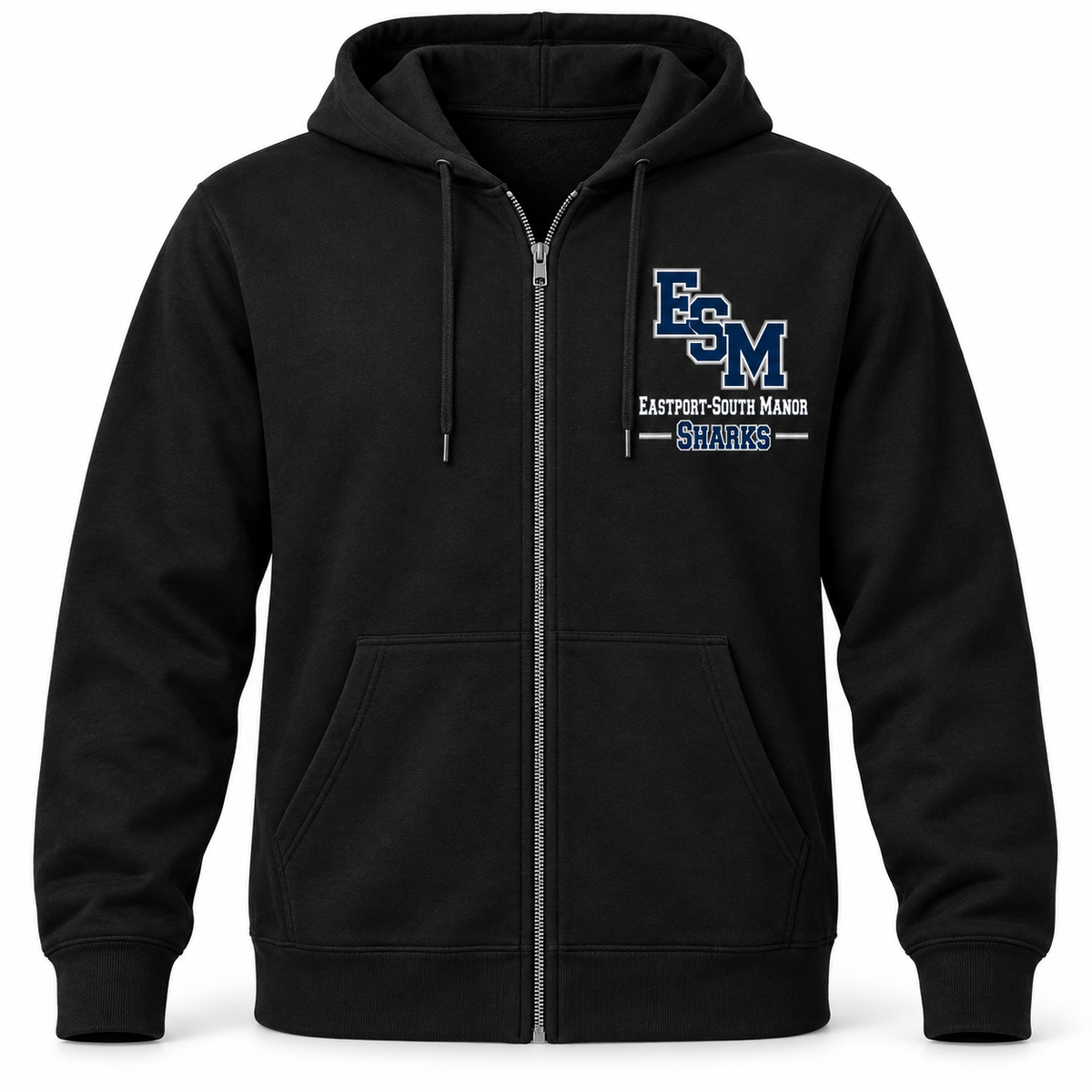 Eastport-South Manor Sharks Monogram Zip Hoodie in Black, front view