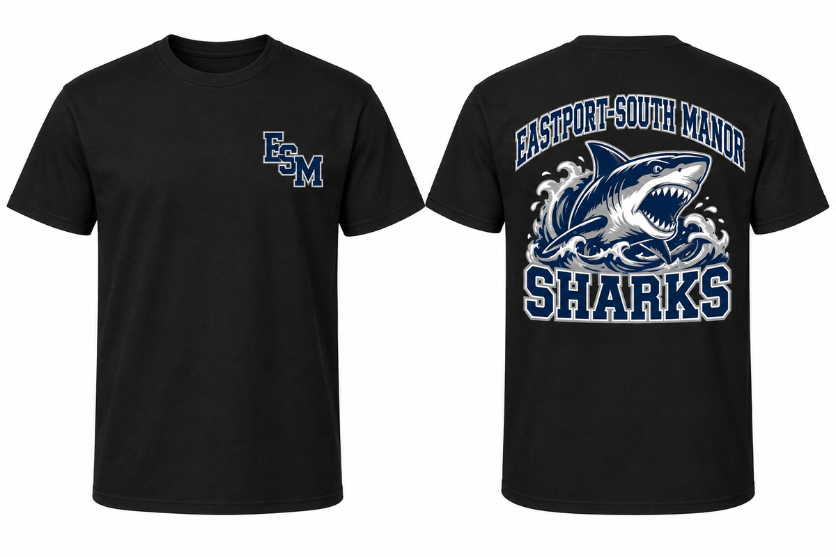 EASTPORT-SOUTH MANOR SHARKS black tee front and back