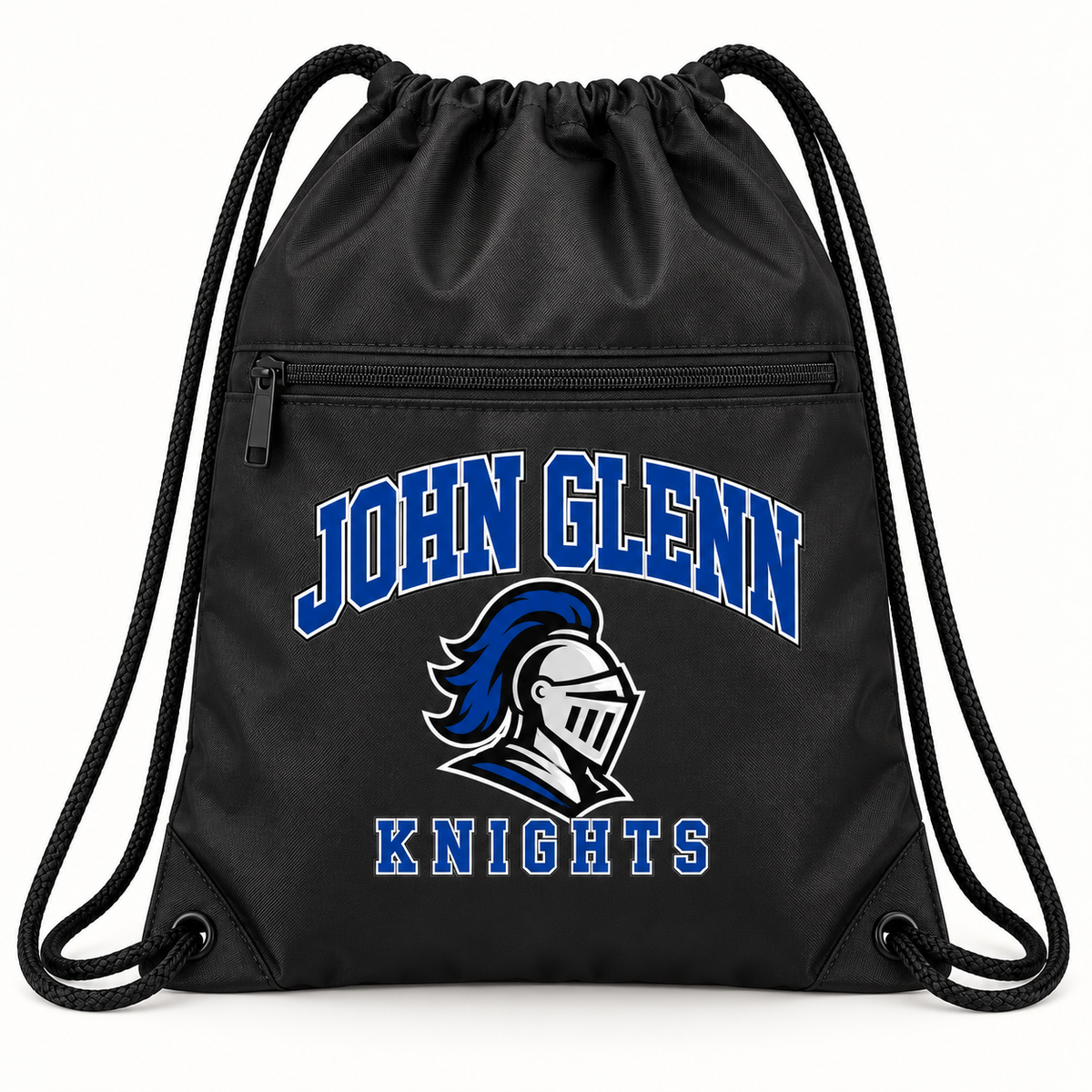 Elwood–John Glenn Knights Campus Polyester Zip-Pocket Drawstring Backpack — Black