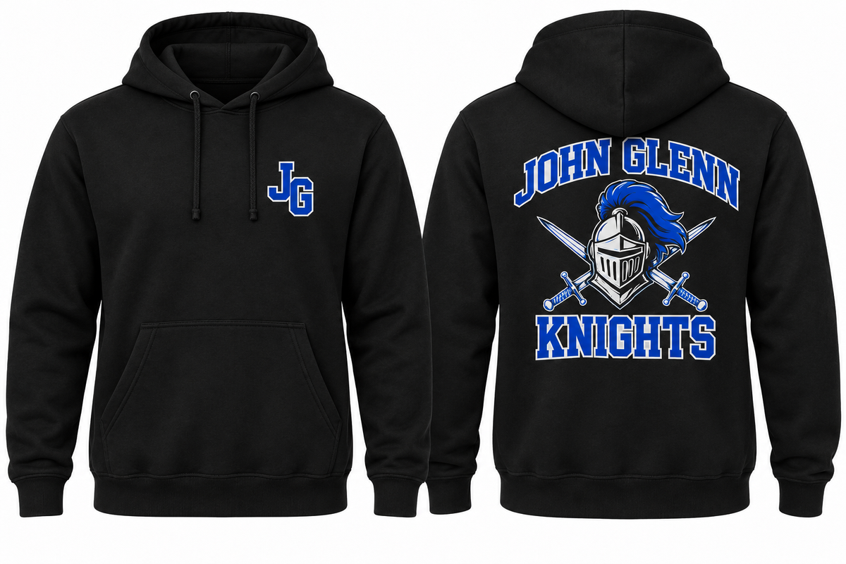JOHN GLENN KNIGHTS black hoodie front and back