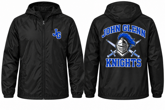 Elwood–John Glenn Varsity Windbreaker — Black front and back