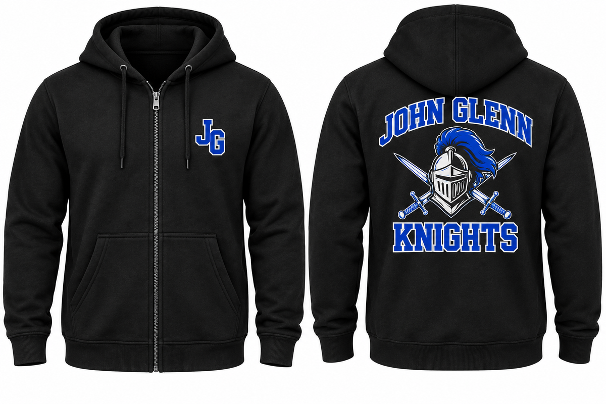 Elwood–John Glenn Varsity Zip-Up Hoodie — Black front and back